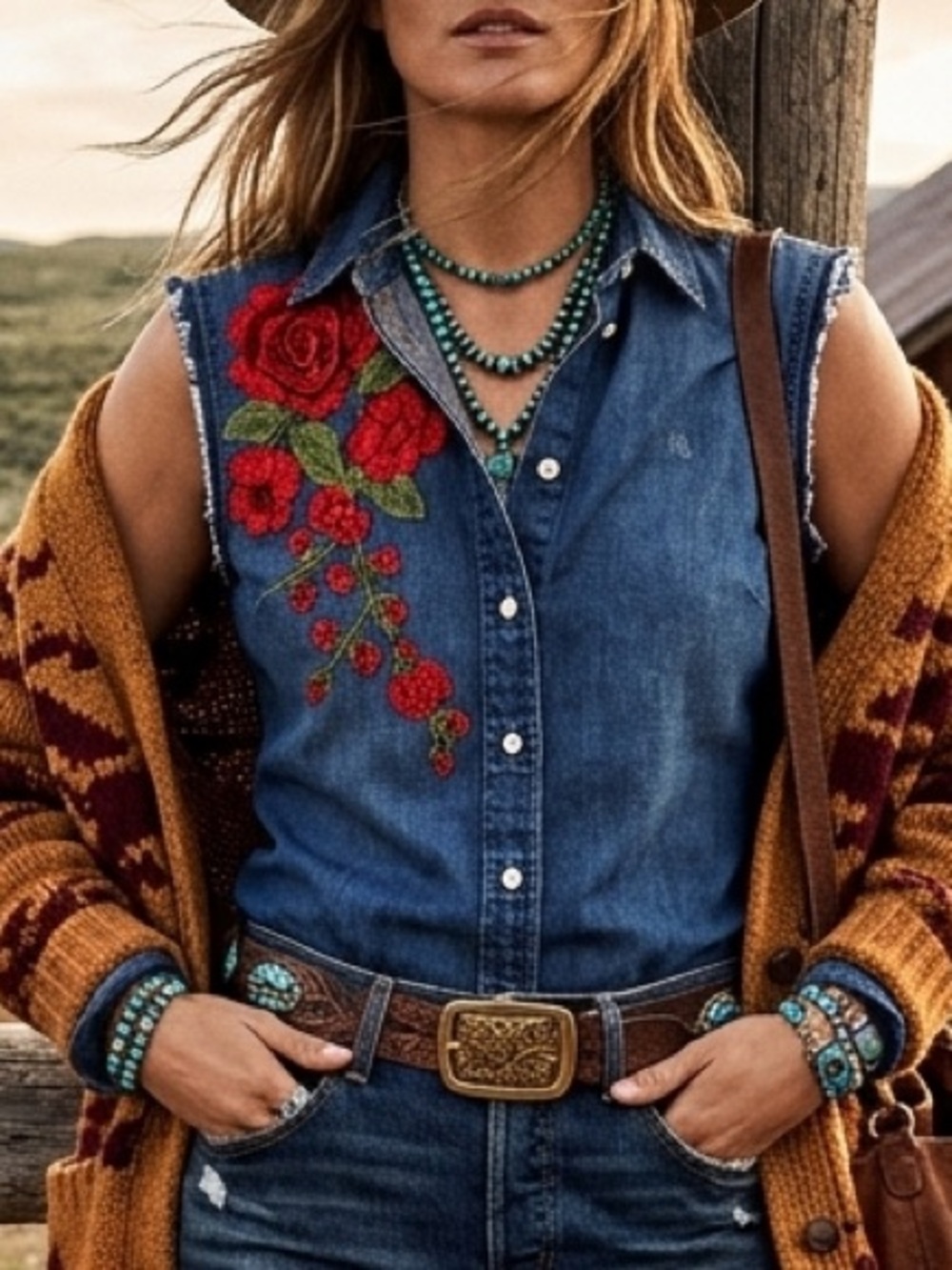 Lauren Ralph Lauren Mila Sleeveless Button-Down Top with Rose Embroidery